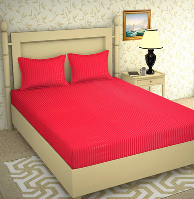 Divine Homes Microfiber Double Flat 170 TC Striped Bedsheet(Pack of 1, Red)