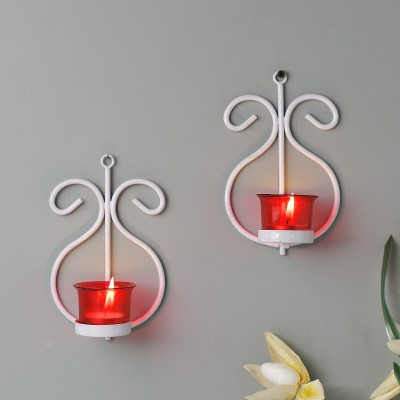 Flipkart SmartBuy Set of 2 Decorative White Wall Sconce/Candle Holder With Red Glass and Free T-light Candles Iron Tealight Holder(White, Pack of 2)