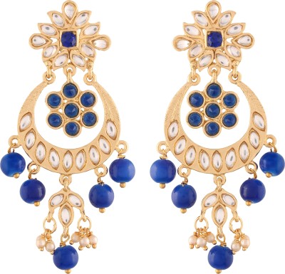 I Jewels Kundan Pearl Gold Plated Chandbali Moon Shape Wedding Party Festive Wear Earrings Pearl Alloy Drops & Danglers