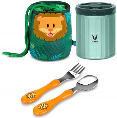 Vaya Preserve Kids LunchKit with Cutlery - 500 ml (1 x 500 ml) Green Vacuum Insulated Stainless Steel Meal Container with Simba Theme lunch Bag & Pow Cutlery Set, Meal Jar, Tiffin Box - 1 Containers Lunch Box(500 ml, Thermoware)