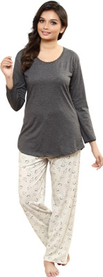 Meerkat Women Solid, Printed Grey Night Suit Set
