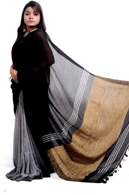 sourav biswas Solid/Plain Handloom Pure Cotton Saree(Multicolor, White, Black)
