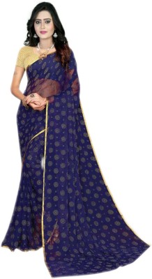 MINE CHOICE Self Design, Embellished, Floral Print Daily Wear Chiffon Saree(Blue)