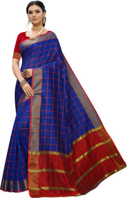 Ardee Checkered Chanderi Silk Blend, Cotton Silk Saree(Red, Blue)