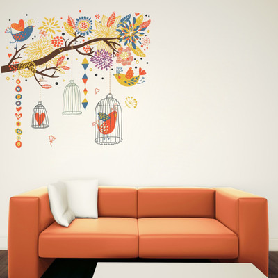 VCREATE DECOR 58 cm Tree with cage birds Removable Sticker(Pack of 1)