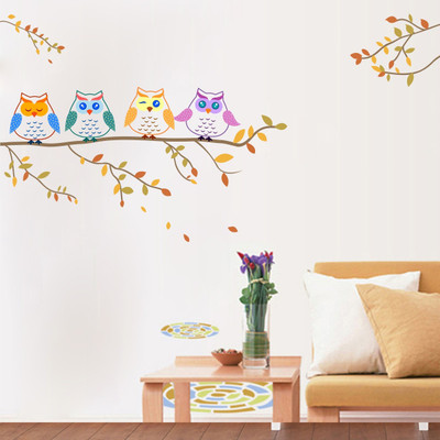 VCREATE DECOR 58 cm Tree with four owl Removable Sticker(Pack of 1)
