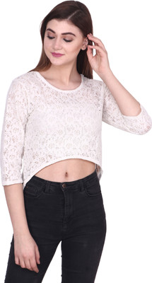TINY TOY Casual 3/4 Sleeve Self Design Women White Top