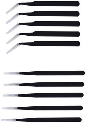 wroughton Set of 10 Non Magnetic ESD Safe Black coated Non Magnetic Tweezers - 5 Straight Pointed & 5 Curved Pointed