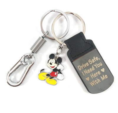 Isk Black leather Drive safe with mini mickey mouse keychain Key Chain