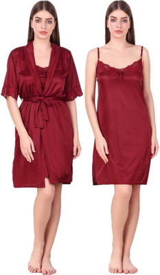 Sanjh Women Nighty with Robe(Maroon)