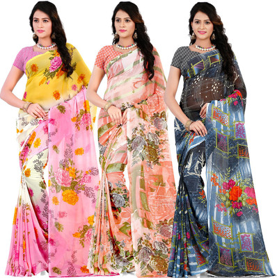 Anand Floral Print Daily Wear Georgette Saree(Pack of 3, Pink, Orange, Grey)