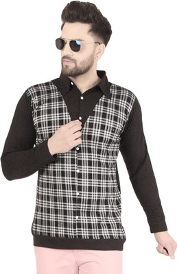 AD & AV Checkered Men Polo Neck Black T-Shirt