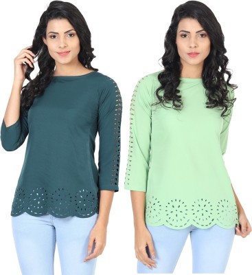 IQRA FASHION Casual Cutout Sleeve Embellished, Laser Cut Women Dark Green, Light Green Top