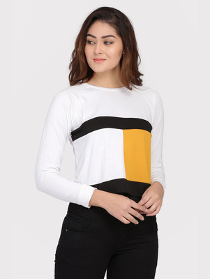 DUENITE Casual Regular Sleeve Color Block Women White Top