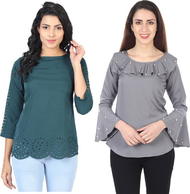 IQRA FASHION Casual Cutout Sleeve Laser Cut, Solid Women Green, Grey Top