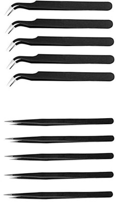 wroughton Set of 10 ESD Non Magnetic Multipurpose ESD Safe Black coated Tweezers - 5 Straight Pointed & 5 Curved Pointed