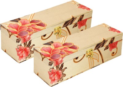 KUBER INDUSTRIES Floral Design Wooden 2 Pieces One Rod Bangle Storage Box with Lock System (Gold) -CTKTC38183 Bangle Box Vanity Box(Gold)