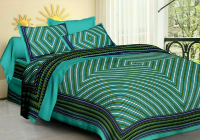Fashion Point Cotton Double Flat 151 TC Striped Bedsheet(Pack of 1, Green)