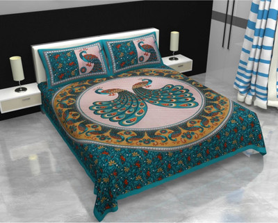 Fashion Point 151 TC Cotton Double Jaipuri Prints Flat Bedsheet(Pack of 1, Green)