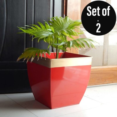 ecofynd 12 inches Red Midland Metal Tapered Planter For Indoor Outdoor Balcony Garden Plant Container Set(Pack of 2, Metal)