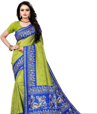 AJS Paisley, Digital Print, Animal Print Mysore Art Silk Saree(Blue, Light Green)