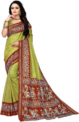 AJS Printed Mysore Art Silk Saree(Brown, Light Green)