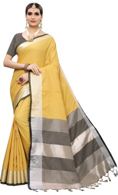 Aaghnya Striped Bollywood Cotton Linen Saree(Black, Yellow)