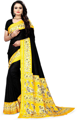 SGM Printed Mysore Pure Silk Saree(Black, Yellow)