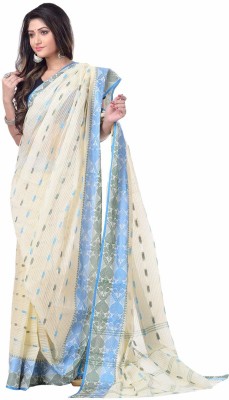Desh Bidesh Self Design, Paisley, Temple Border, Striped, Embellished, Woven Tant Handloom Pure Cotton Saree(Light Blue, Green, Cream)