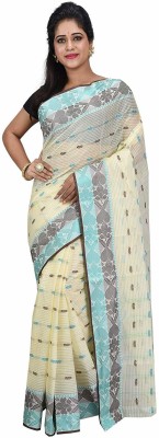 Desh Bidesh Self Design, Paisley, Temple Border, Striped, Embellished, Woven Tant Handloom Pure Cotton Saree(Light Blue, Brown, Cream)