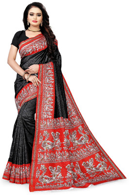 GLAM VILLA Paisley, Digital Print, Animal Print Mysore Silk Blend, Chanderi Saree(Red, Black)