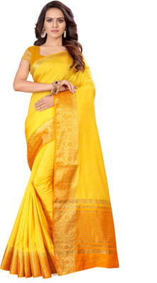 Shaily Retails Solid/Plain Bollywood Silk Blend Saree(Yellow)