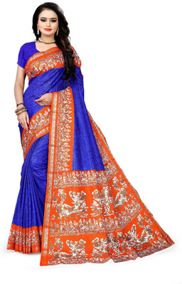 SGM Digital Print Assam Silk Pure Silk Saree(Blue, Orange)