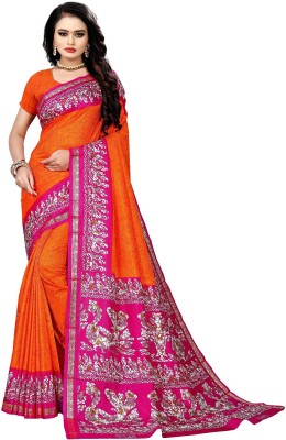 AJS Paisley, Digital Print, Animal Print Mysore Art Silk Saree(Pink, Orange)