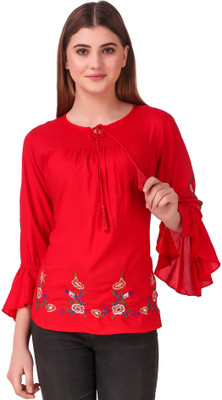 Elyraa Casual Bell Sleeve Embroidered Women Red Top