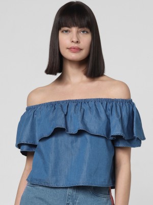 VERO MODA Casual Short Sleeve Self Design Women Blue Top