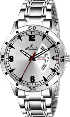 Buccachi Buccachi White Dial black numbering font Day & Date Functioning Water Resistant Silver color Stainless Steel Strap Bracelet Watch for Men/Boys Analog Watch  - For Men