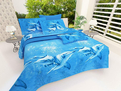 DreamInno Creations 144 TC Microfiber Double Printed Flat Bedsheet(Pack of 1, Blue)