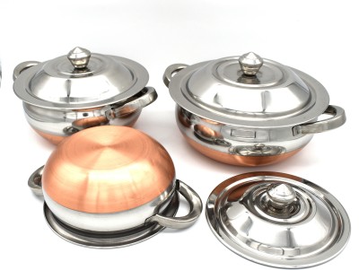 JCBB Stainless Steel Handi Serving Pot with Steel Lid Copper Bottom Silver top -(Set of 3) 550 ml 750 ml 1250 ml Cookware Set(Steel, 3 - Piece)
