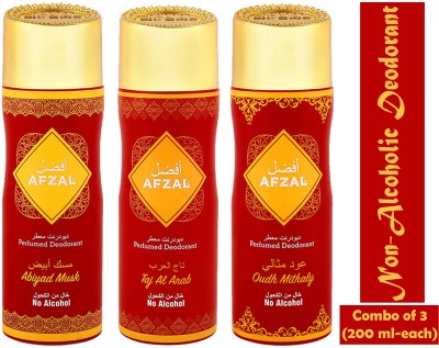 AFZAL Abiyad Musk, Oudh Misali, Taj Al Arab Deodorant Perfume Body Spray  -  For Men & Women(600 ml, Pack of 3)