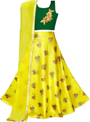 Mirrow Trade Indi Girls Lehenga Choli Ethnic Wear Printed Lehenga, Choli and Dupatta Set(Yellow, Pack of 1)
