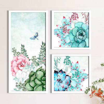 Painting Mantra Floral Theme in White Background Framed Printed Set of 3 Wall Art Print, Digital Reprint 19.5 inch x 19 inch Painting(With Frame, Pack of 3)