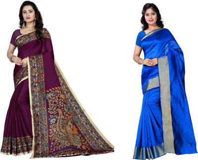 Grubstaker Printed, Solid/Plain Bollywood Cotton Blend Saree(Pack of 2, Multicolor)