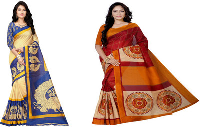 RUNAYA NX Printed Bhagalpuri Silk Blend Saree(Pack of 2, Multicolor)