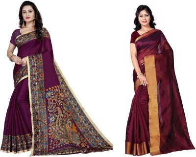 Grubstaker Printed, Solid/Plain Bollywood Cotton Blend Saree(Pack of 2, Magenta, Maroon)