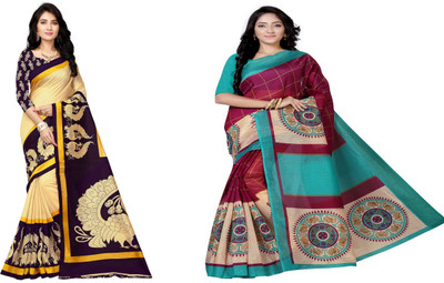 Vimalnath Synthetics Printed Bhagalpuri Silk Blend Saree(Pack of 2, Multicolor)