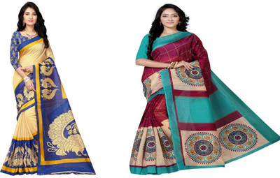 Vimalnath Synthetics Printed Bhagalpuri Silk Blend Saree(Pack of 2, Multicolor)