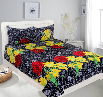 PIYANSHI CREATIONS 160 TC Microfiber Double 3D Printed Flat Bedsheet(Pack of 1, Black)