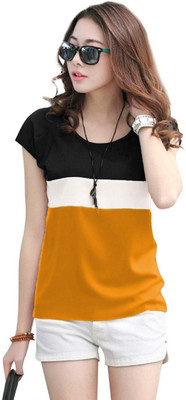 Rebound Casual Cap Sleeve Color Block Women White, Black, Yellow Top