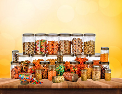 KMT Kitchen Storage Jars & Container Transparent Container Set - 200 ml, 350 ml, 650 ml, 1200 ml, 2000 ml - 2000 ml, 1200 ml, 650 ml, 350 ml, 200 ml Plastic Grocery Container(Pack of 30, Brown)